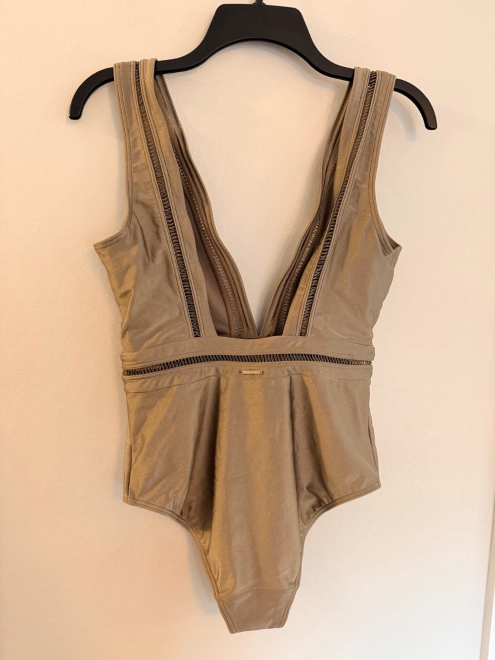 Ted Baker London Deep V Khaki Pointelle One-Piece Swimsuit - Picture 5 of 12
